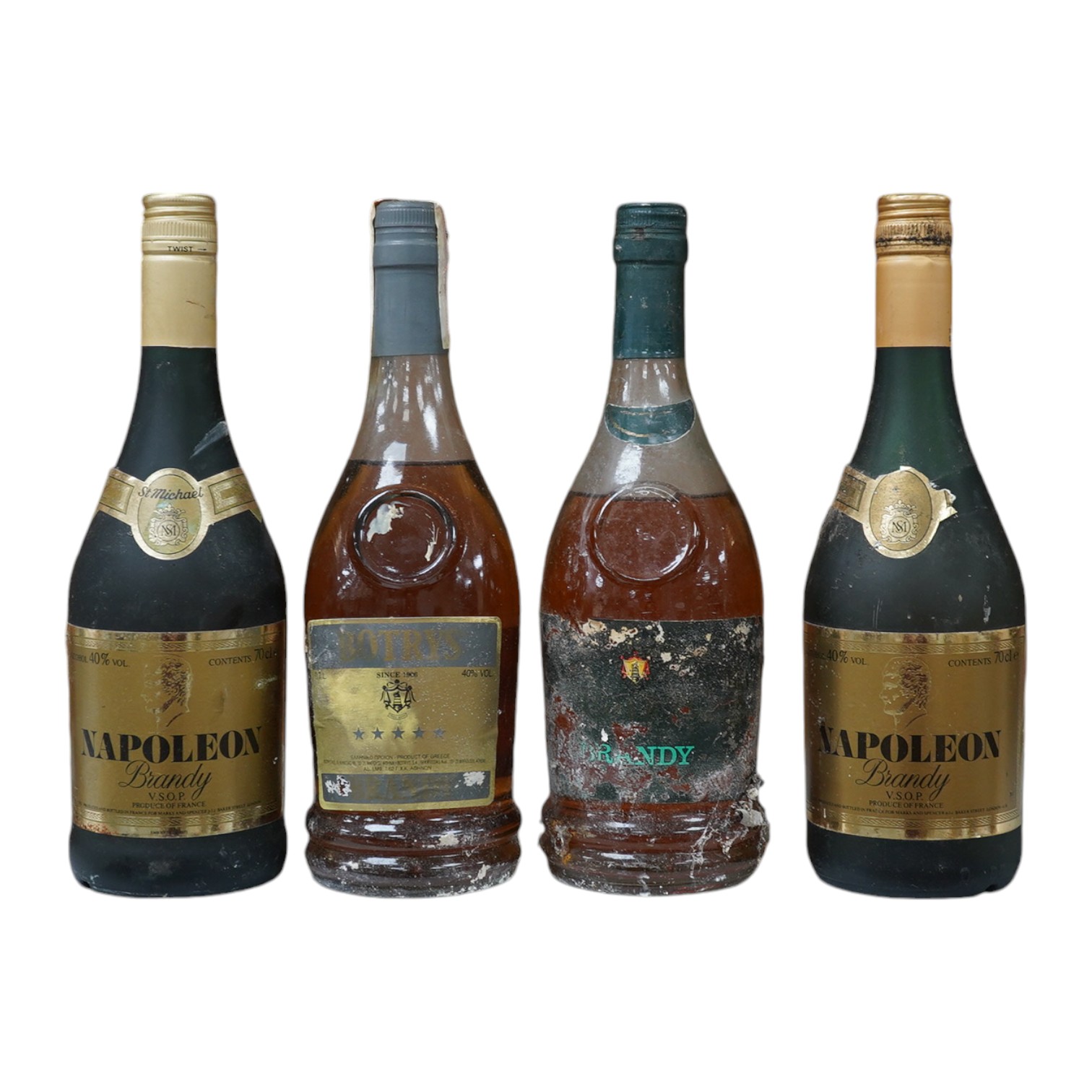 Four bottles of brandy; Napoleon De Luxe VSOP Napoleon Brandy, two bottles, Botrys brandy and another (worn label). Condition - storage unknown